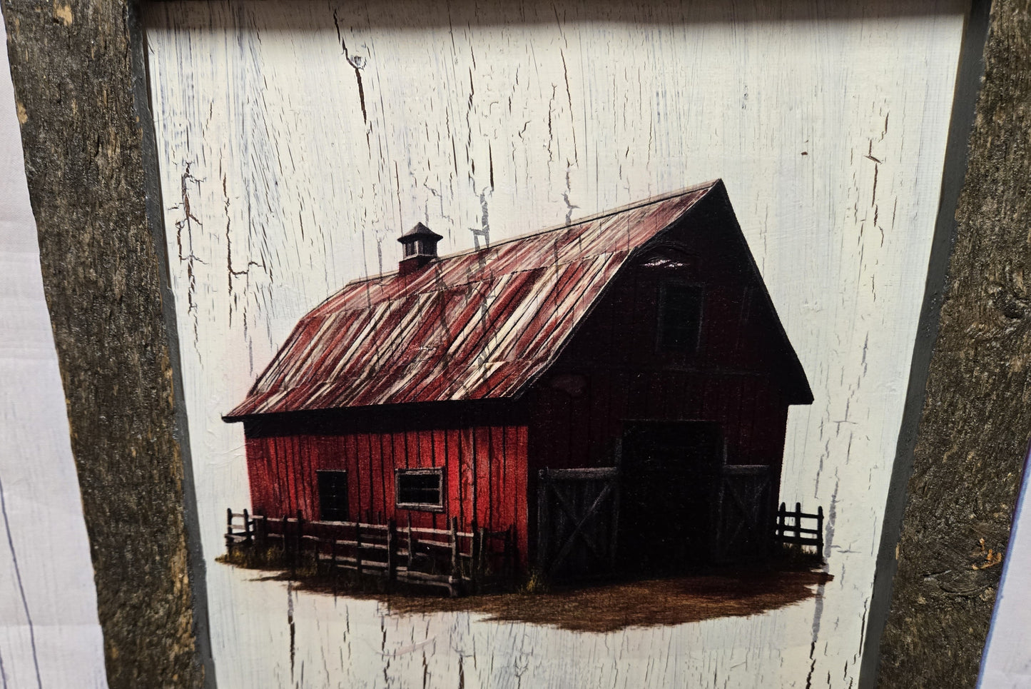 Rustic Red Barn Wall Decor – 12.5x14.5 Barnwood Framed Sign – Decoupage Art on Crackle Finish – Farmhouse Home Decor