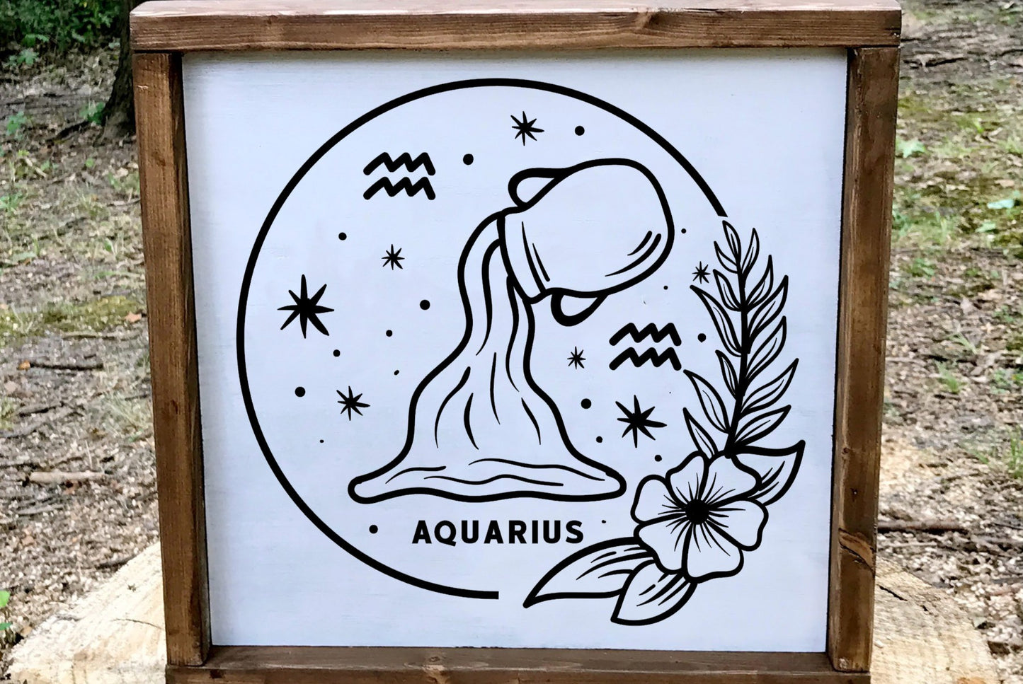 Aquarius Zodiac Wood Sign, 8x8 Painted Astrology Wall Decor, Water Bearer Birthday Gift, Minimalist Celestial Farmhouse Sign
