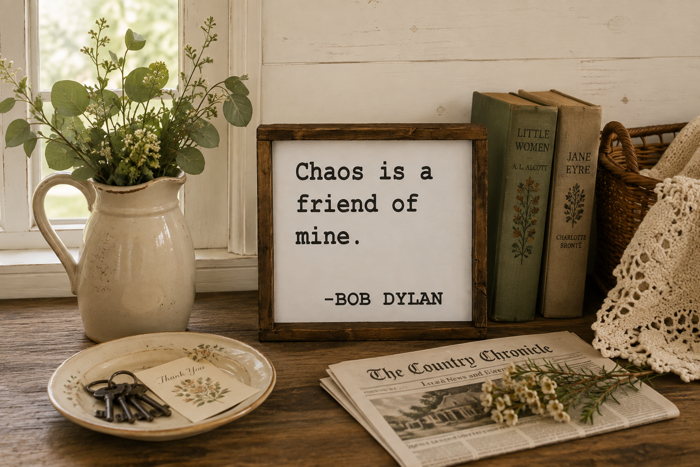 Chaos Is a Friend of Mine Sign, Funny Farmhouse Sign, Bob Dylan Quote Sign, Hand Painted Wood Sign, Rustic Home Decor, Funny Gift