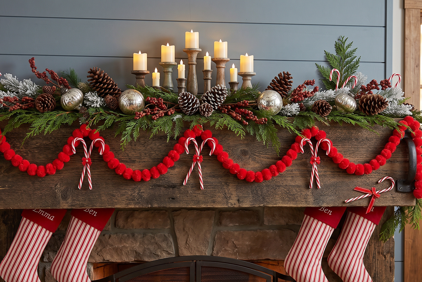 5ft Red Christmas Pom Pom Garland | Chunky Boho Farmhouse Holiday Garland | Candy Cane Christmas Mantel Decor | Whimsical Felt Ball Bunting | Playful Festive Fireplace Trim | Fun Quirky Holiday Party Banner