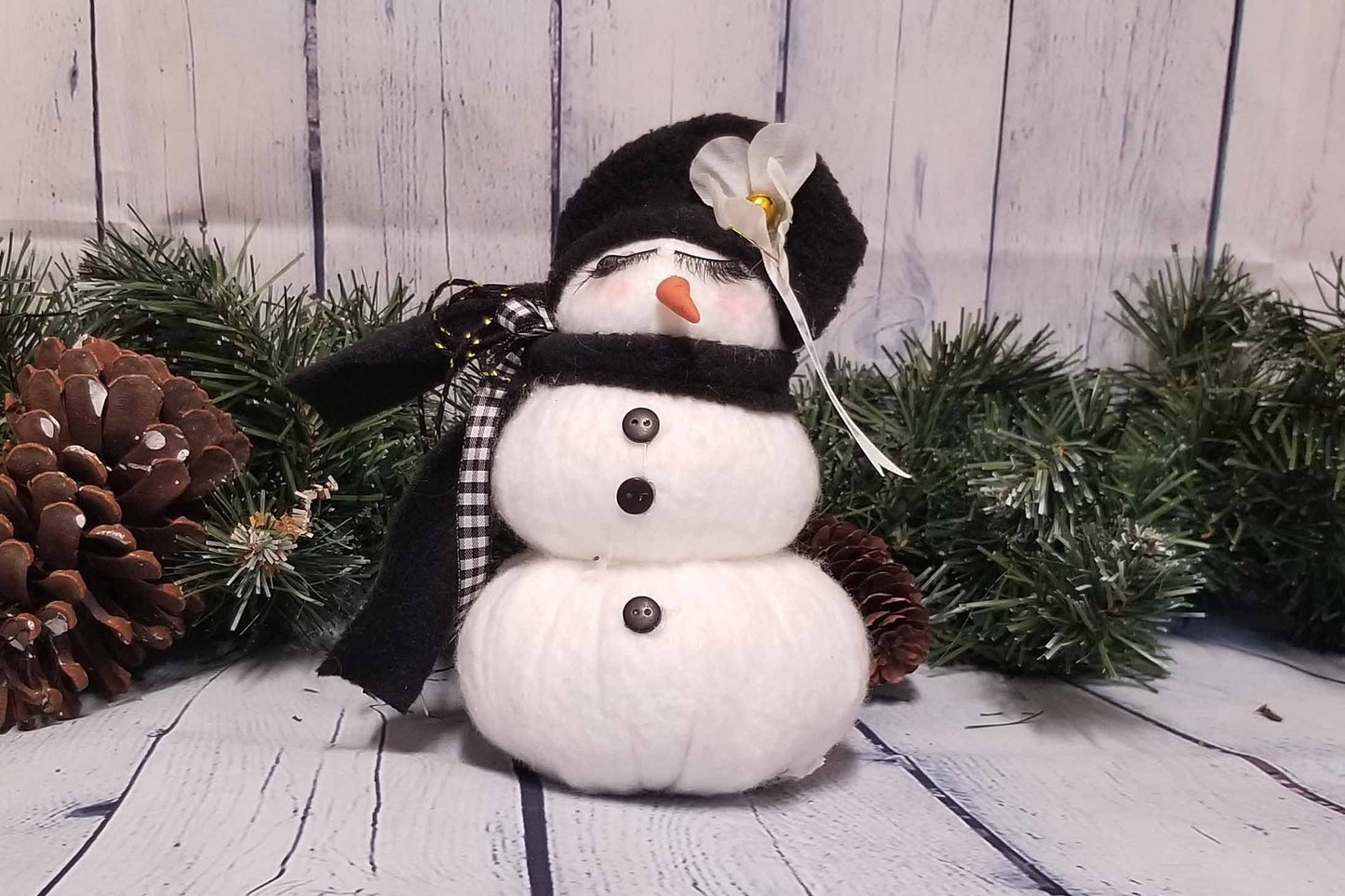 Handmade Snowman with Eyelashes, Black Hat and Checked Scarf Winter Decor