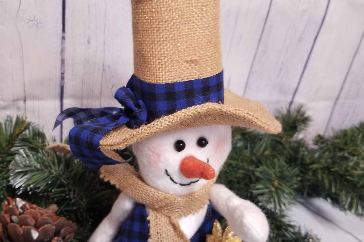 Handmade Fleece Snowman Decor with Blue Plaid Vest, Burlap Top Hat and Gold Poinsettia