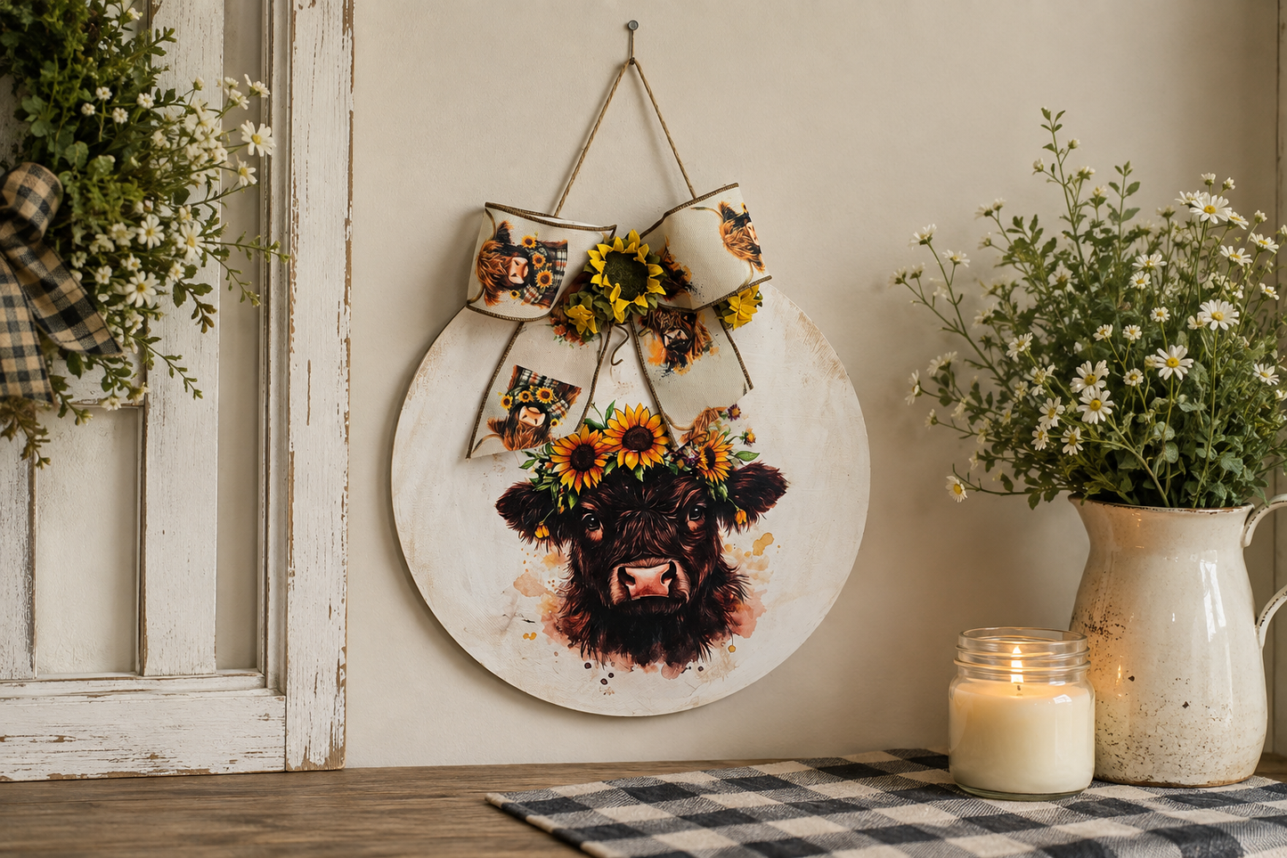 Highland Cow Door Hanger, 12 Inch Farmhouse Wall Decor, Sunflower Cow Wreath, Rustic Country Door Decor, Highland Cow Gift