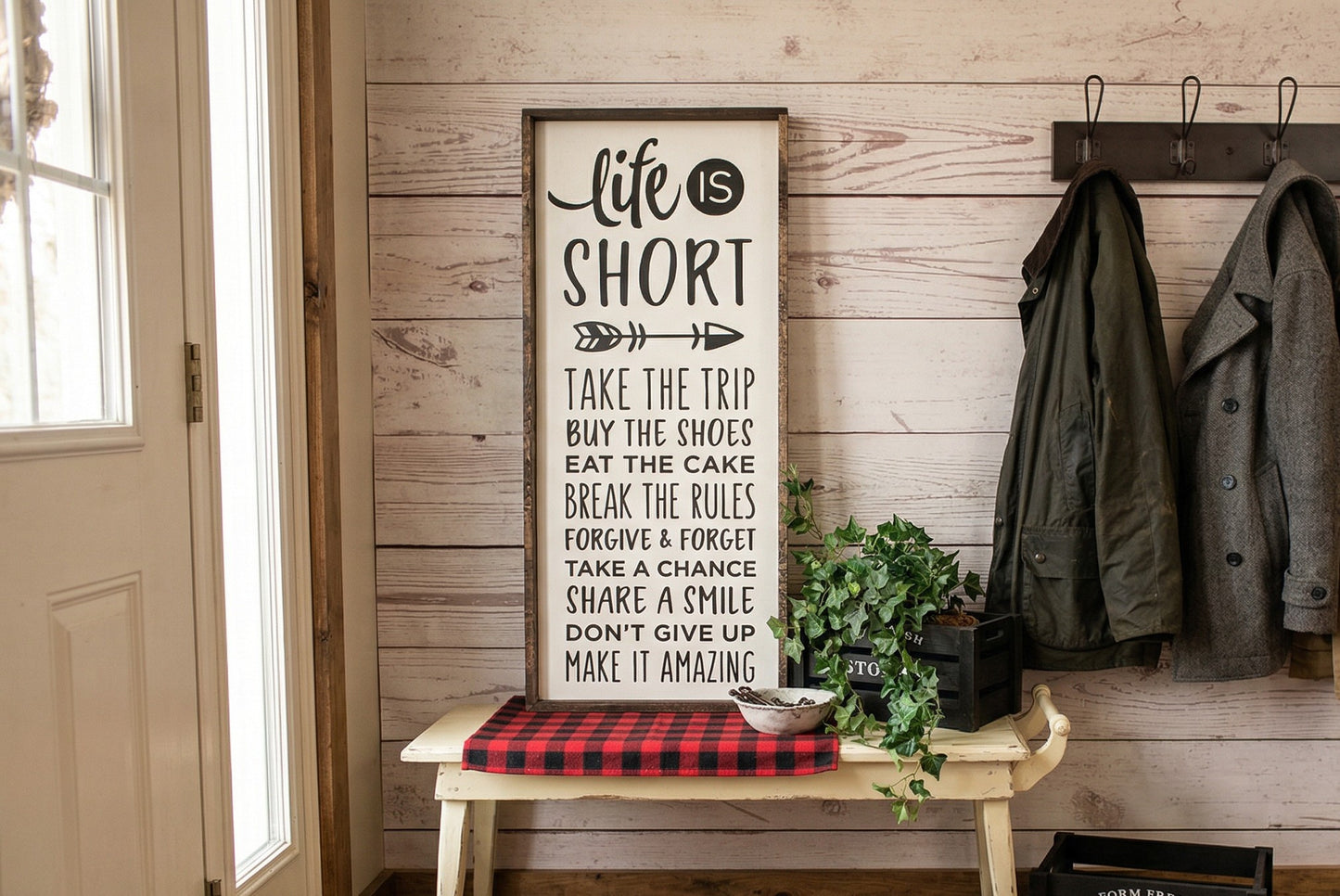 Life Is Short Wood Sign, Large Farmhouse Wall Decor, Rustic Framed Quote, Take The Trip Buy The Shoes, Inspirational New Home Gift