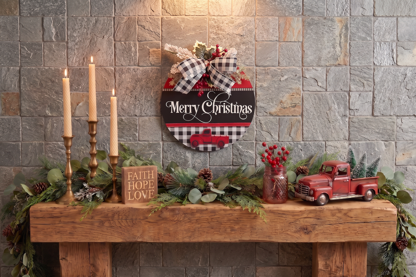 12 Inch Merry Christmas Door Hanger | Red Truck Buffalo Check Wood Sign | Boho Farmhouse Holiday Wreath | Funny Quirky Front Door Decor | Rustic Holiday Mantel Plaque | Christmas Porch Sign Gift