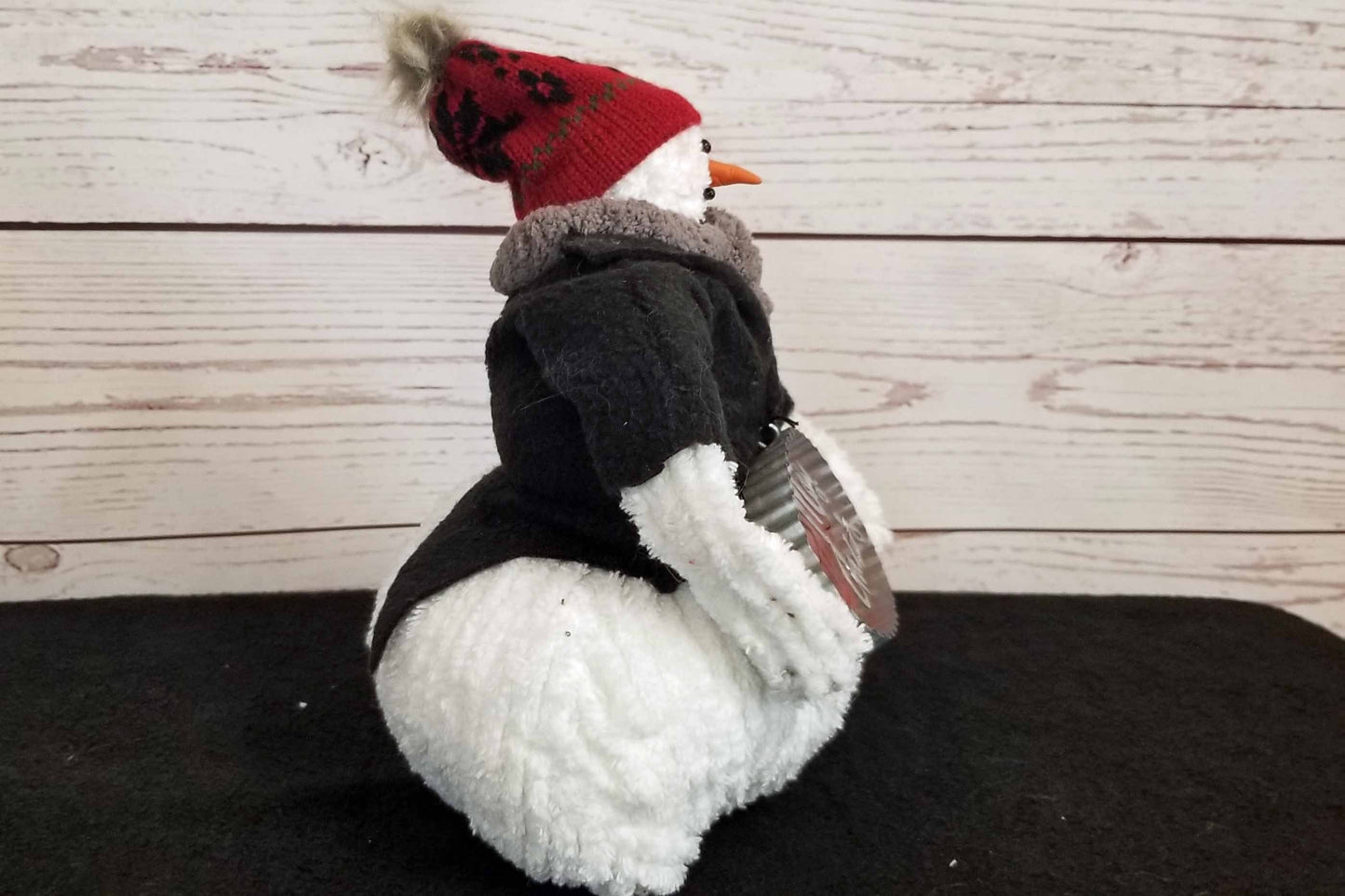 Plush Snowman Shelf Sitter with Merry Christmas Sign, Black Jacket and Red Hat Decor