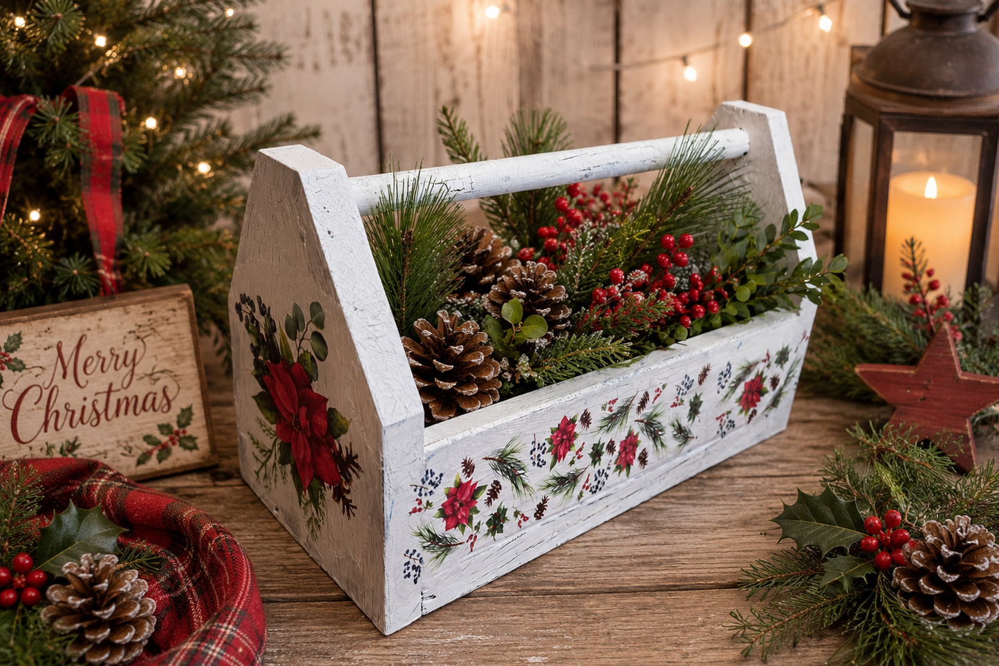 Christmas Wood Tote with Poinsettias, Farmhouse Christmas Decor, Rustic Holiday Centerpiece, Hot Cocoa Bar Decor, Gift Basket