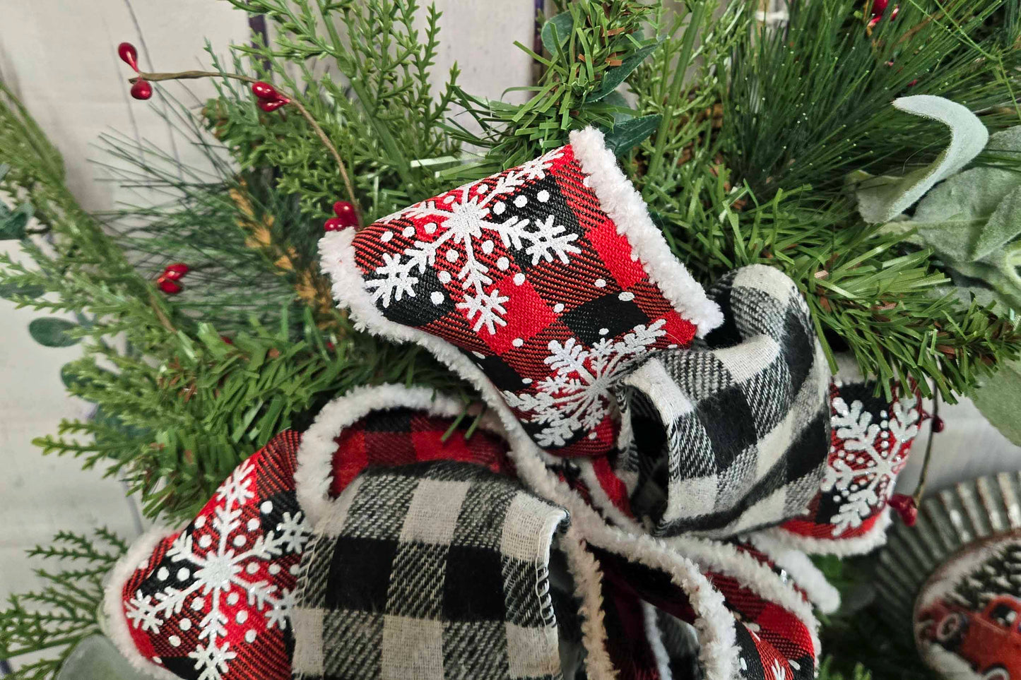 Farmhouse Black White Buffalo Plaid Christmas Wreath, Red Truck, Rustic Door Decor, Grapevine Winter Holiday