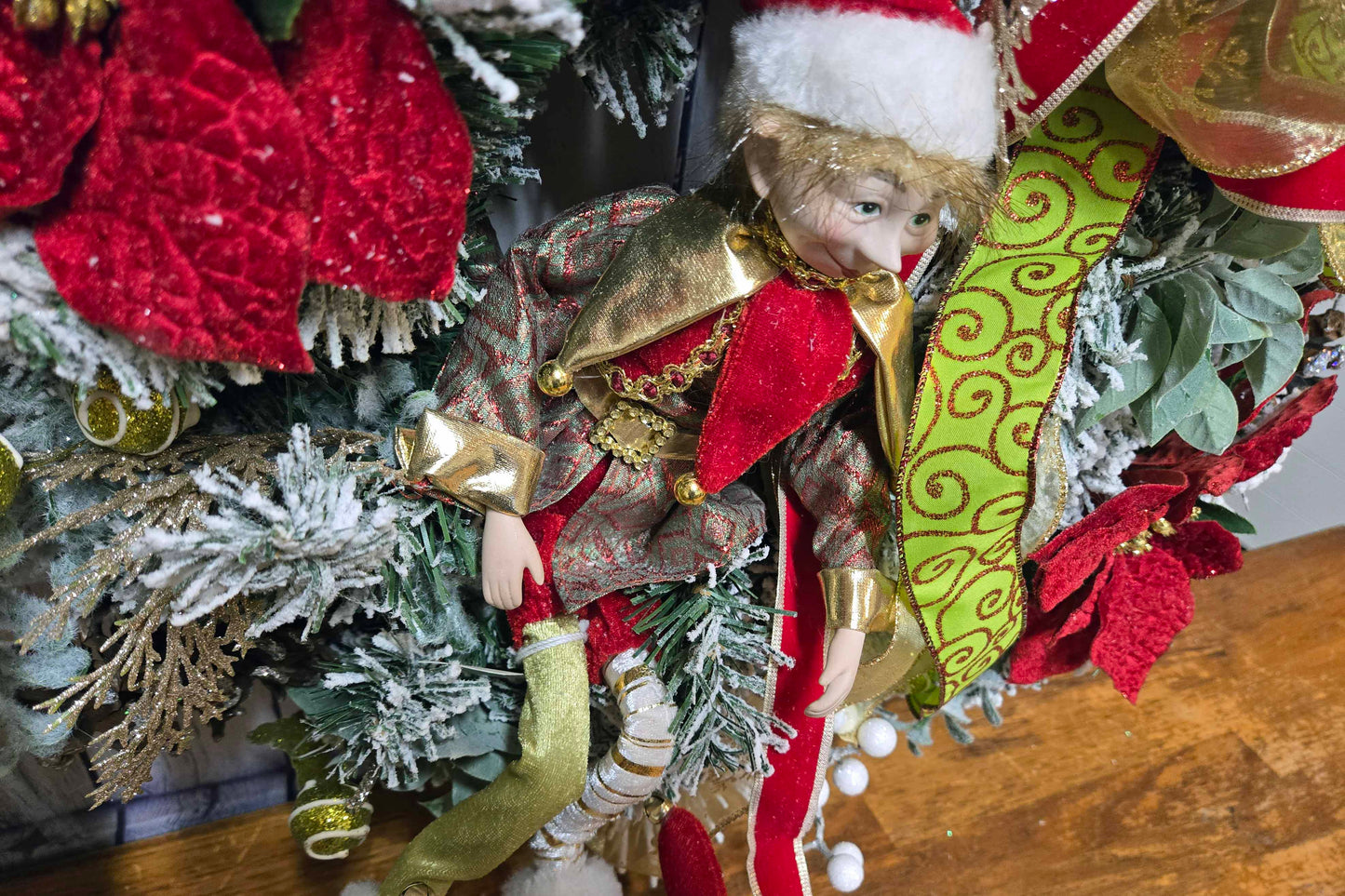 Whimsical Lighted Christmas Elf Wreath | Battery Operated Holiday Front Door Decor with Doll Ornament