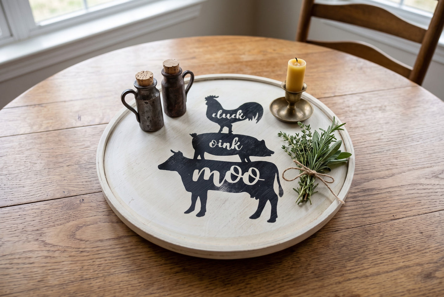 12 Inch Wood Lazy Susan, Hand Painted Farmhouse Turntable, Distressed Cow Pig Rooster Table Decor, Rustic Kitchen Counter Top Organizer