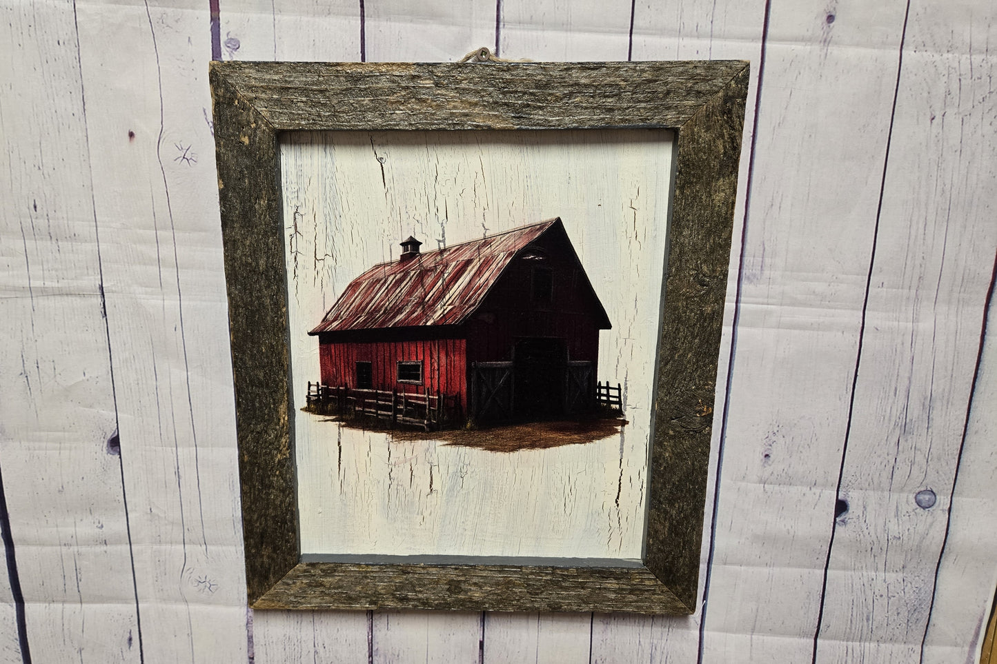 Rustic Red Barn Wall Decor – 12.5x14.5 Barnwood Framed Sign – Decoupage Art on Crackle Finish – Farmhouse Home Decor
