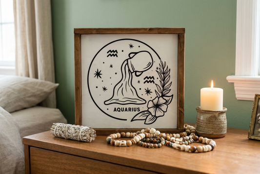 Aquarius Zodiac Wood Sign, 8x8 Painted Astrology Wall Decor, Water Bearer Birthday Gift, Minimalist Celestial Farmhouse Sign