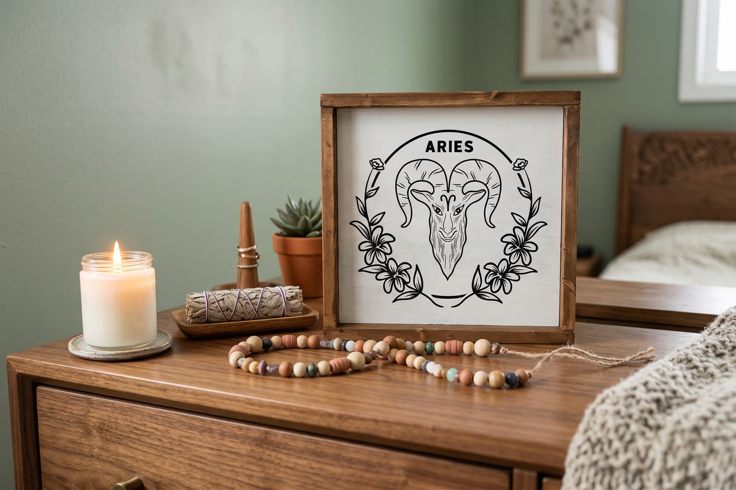 Aries Zodiac Wood Sign, 8x8 Hand Painted Ram Wall Art, Fire Sign Astrology Gift, April Birthday Decor, Minimalist Celestial Star Sign Plaque