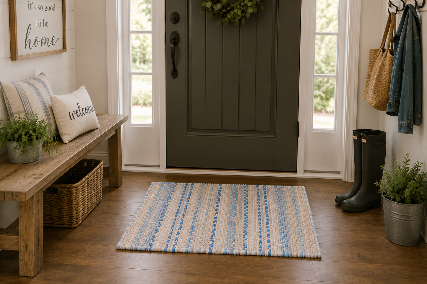 Twined Rag Rug, 19x30 Recycled Fabric Rug, Reversible Farmhouse Rug, Handmade Entryway Rug, Rustic Kitchen Rug, Upcycled Home Decor