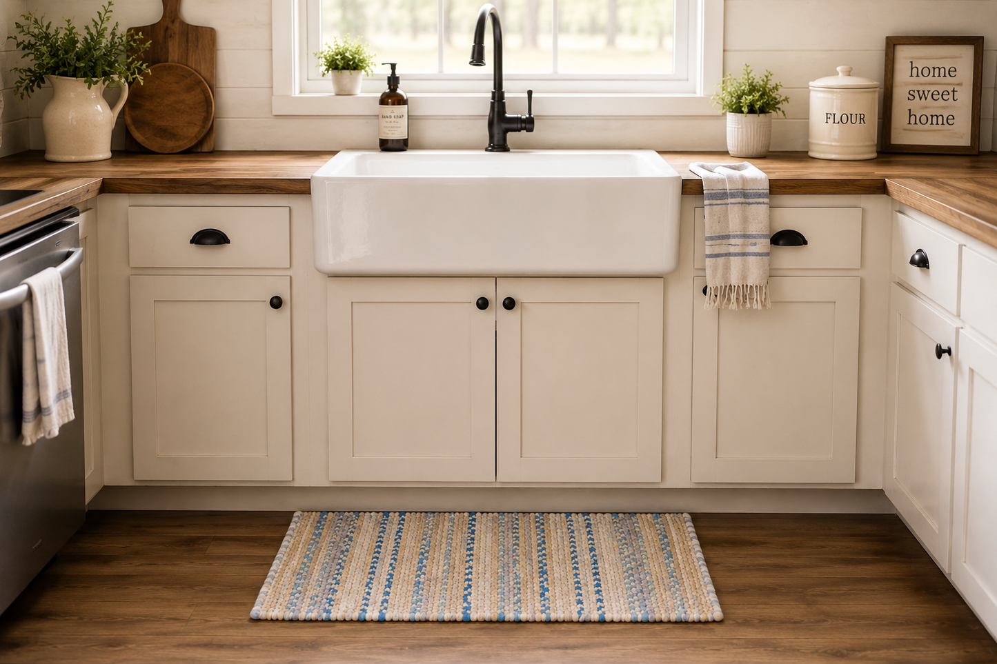 Twined Rag Rug, 19x30 Recycled Fabric Rug, Reversible Farmhouse Rug, Handmade Entryway Rug, Rustic Kitchen Rug, Upcycled Home Decor