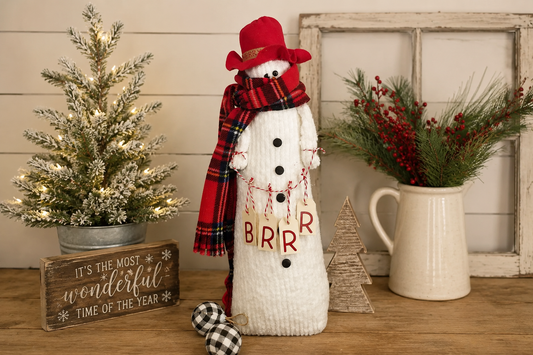 Handcrafted 22" Chenille Snowman, Primitive Farmhouse Christmas Decor, One of a Kind Holiday Snowman, Rustic Winter Shelf Decor