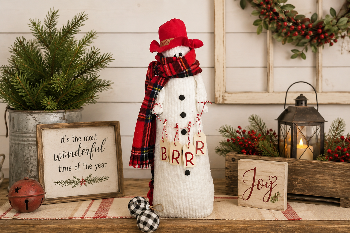 Handcrafted 22" Chenille Snowman, Primitive Farmhouse Christmas Decor, One of a Kind Holiday Snowman, Rustic Winter Shelf Decor