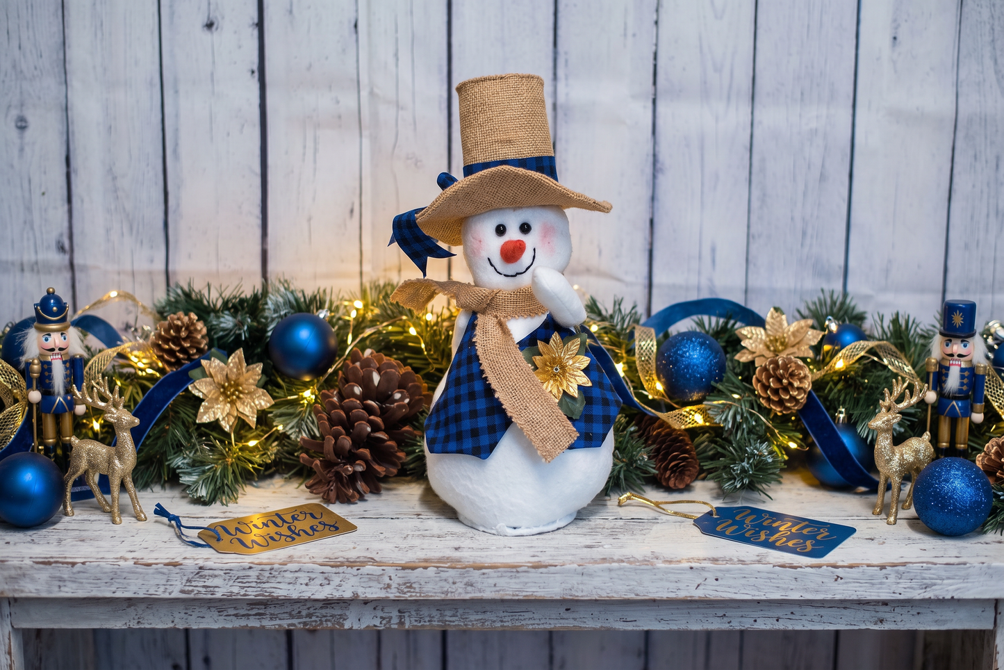 Handmade Blue Plaid Snowman | Vintage Burlap Top Hat Figurine | Winter Wishes Holiday Mantel Decor | Boho Farmhouse Christmas Centerpiece | Funny Whimsical Winter Doll | Quirky Tabletop Holiday Decor