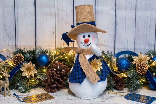 Handmade Blue Plaid Snowman | Vintage Burlap Top Hat Figurine | Winter Wishes Holiday Mantel Decor | Boho Farmhouse Christmas Centerpiece | Funny Whimsical Winter Doll | Quirky Tabletop Holiday Decor