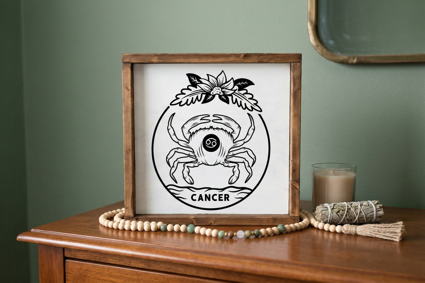 Cancer Zodiac Wood Sign, 8x8 Hand Painted Crab Wall Art, Water Sign Astrology Decor, July Birthday Gift, Minimalist Celestial Star Plaque
