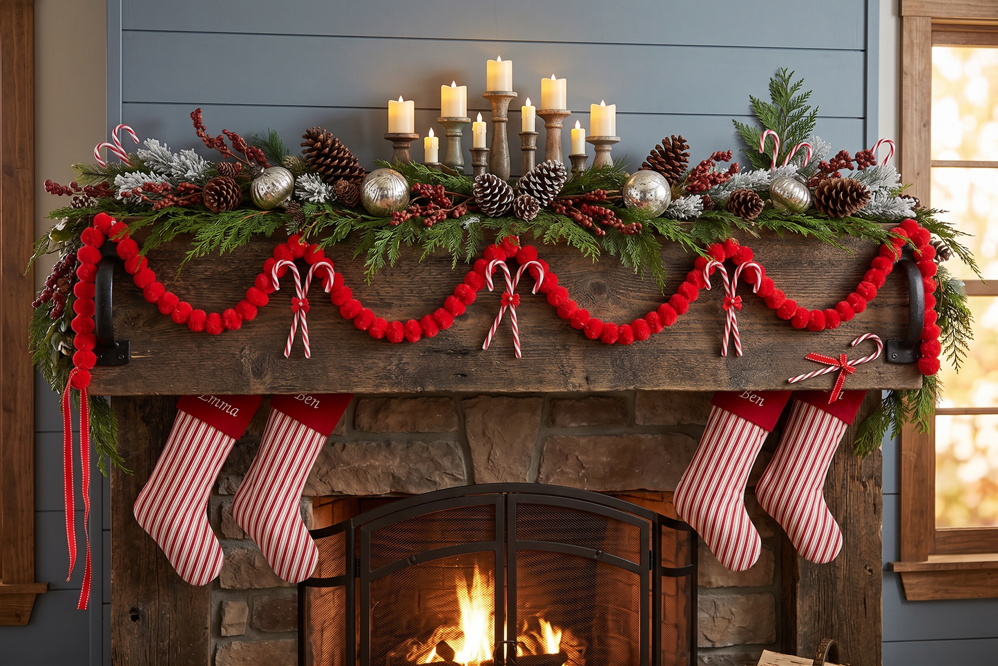 5ft Red Christmas Pom Pom Garland | Chunky Boho Farmhouse Holiday Garland | Candy Cane Christmas Mantel Decor | Whimsical Felt Ball Bunting | Playful Festive Fireplace Trim | Fun Quirky Holiday Party Banner