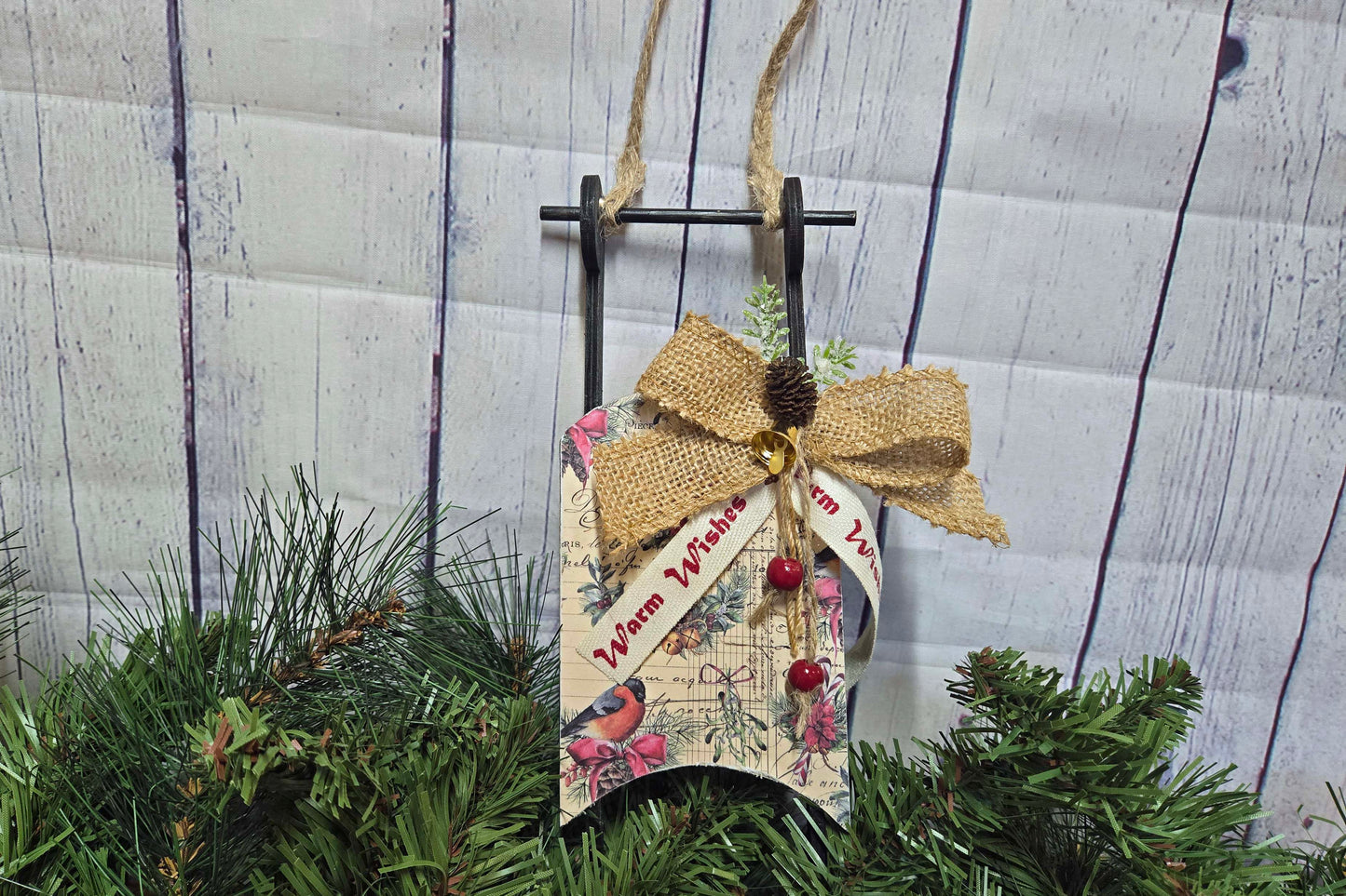 Decoupaged Christmas Sled Holiday Tree Ornament or Shelf Sitter