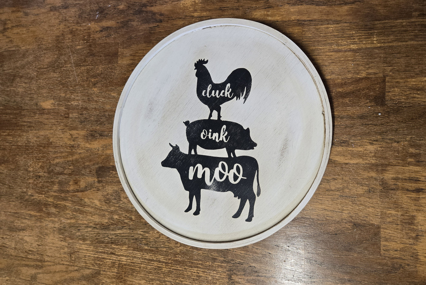 12 Inch Wood Lazy Susan, Hand Painted Farmhouse Turntable, Distressed Cow Pig Rooster Table Decor, Rustic Kitchen Counter Top Organizer