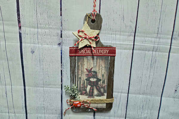 Decorative Distressed Wood Cutting Board, Special Delivery Snowman Kitchen Decor for the Holidays
