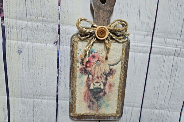 Distressed Wood Decoupaged Mini Cutting Board, Highland Cow Kitchen Decor