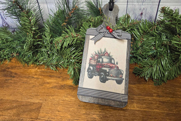 Distressed Wood Cutting Board with Canvas Decoupage Holiday Truck