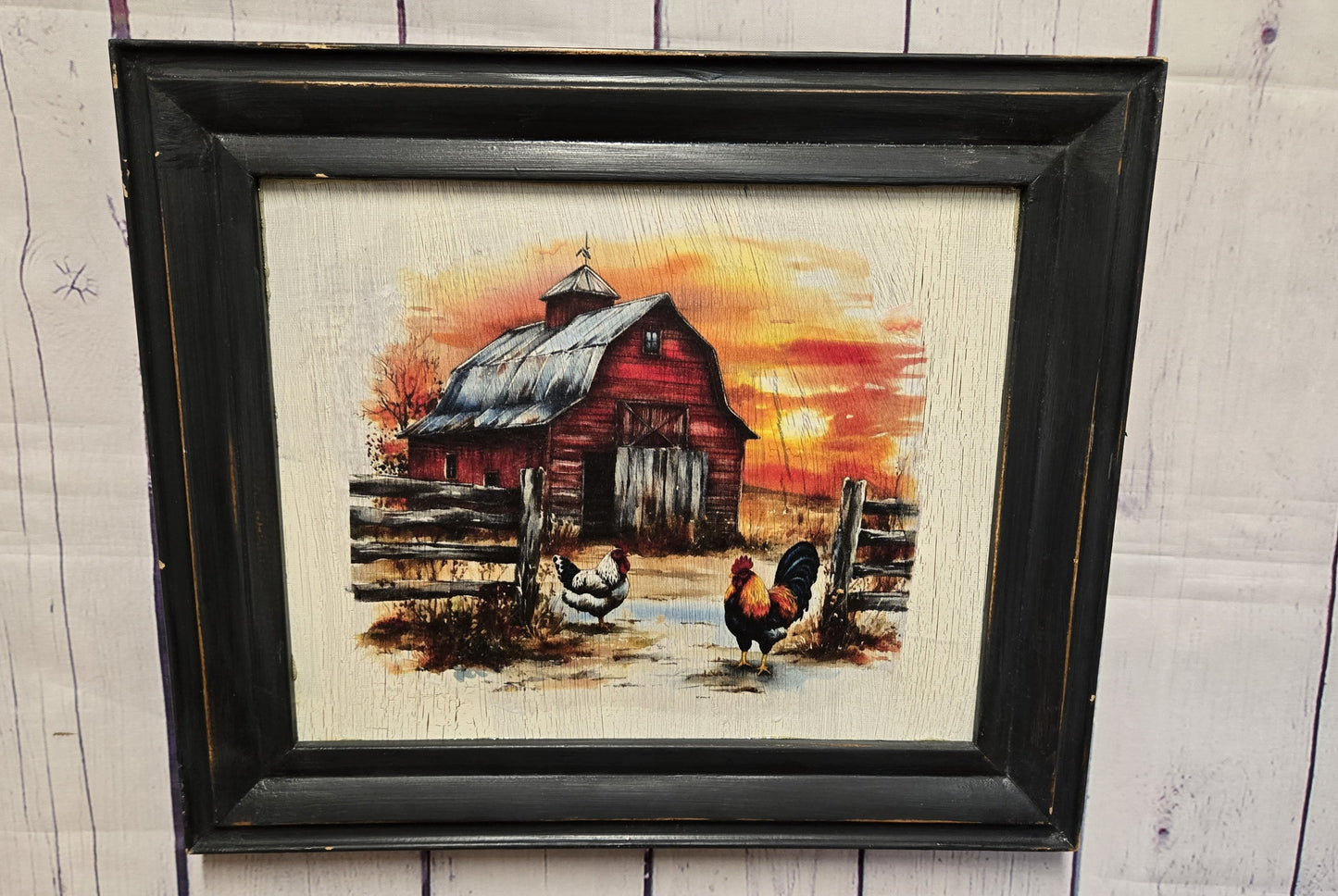 Framed Red Barn Art, Distressed Farmhouse Wall Decor, Decoupage Rooster and Chicken Picture, Rustic Country Landscape Painting