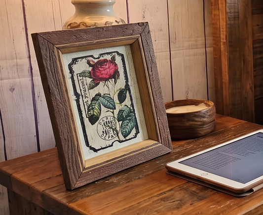 Vintage Rose Wall Art, Red Barnwood Framed Picture, Decoupage French Floral Canvas, Shabby Chic Paris Decor, 8x10 Cottagecore Gift