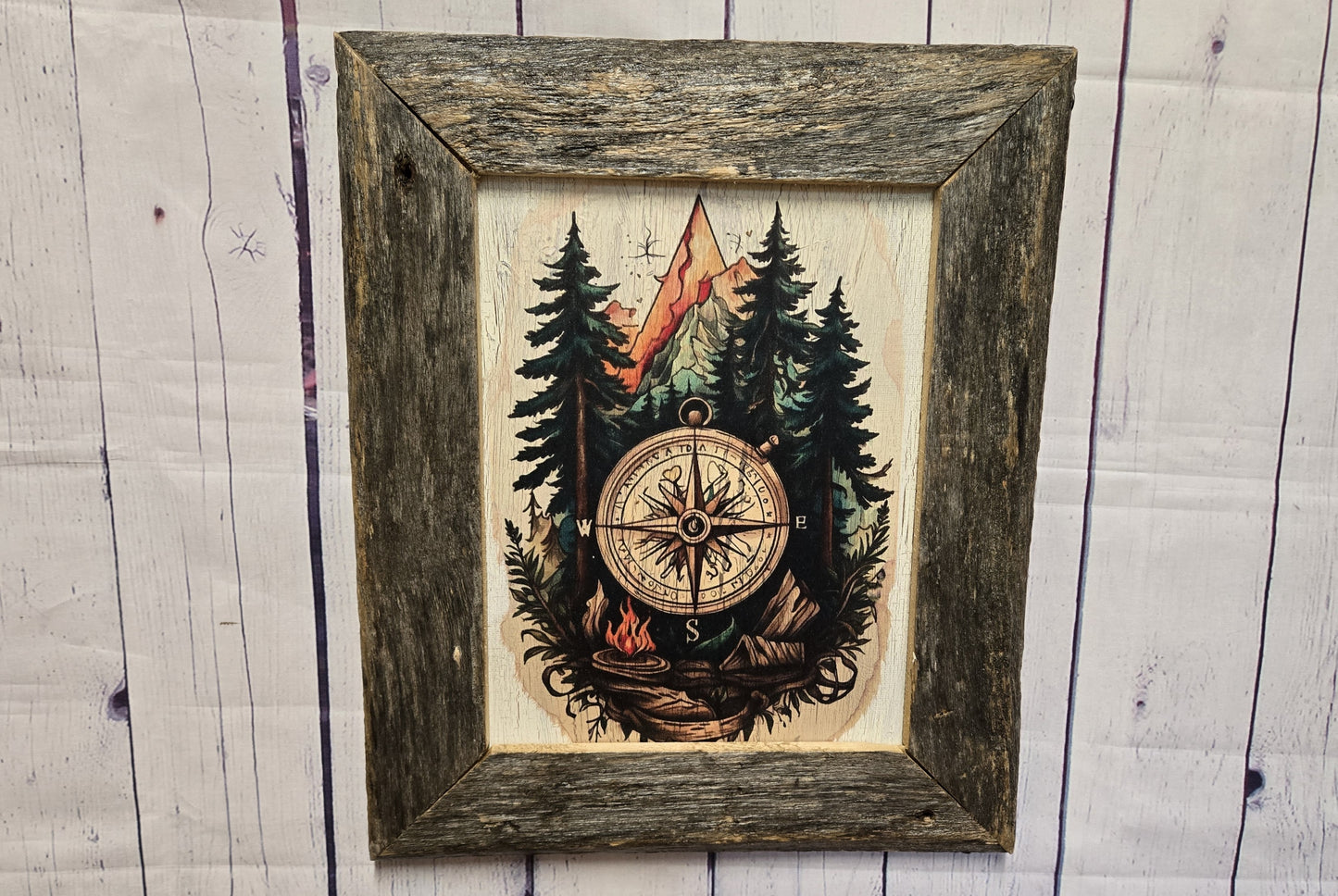 Rustic Compass Wall Art, Reclaimed Barnwood Framed Picture, Decoupage Mountain Canvas, Adventure Nature Decor