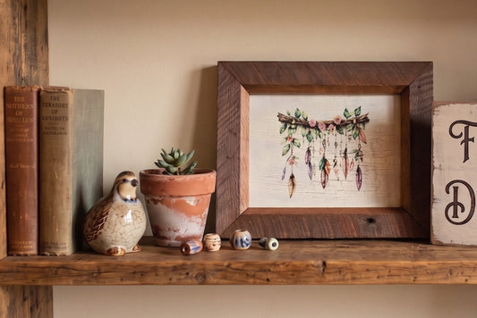 Boho Dreamcatcher Wall Art, Red Barnwood Framed Picture, Decoupage Feather Canvas, Watercolor Floral Nursery Decor