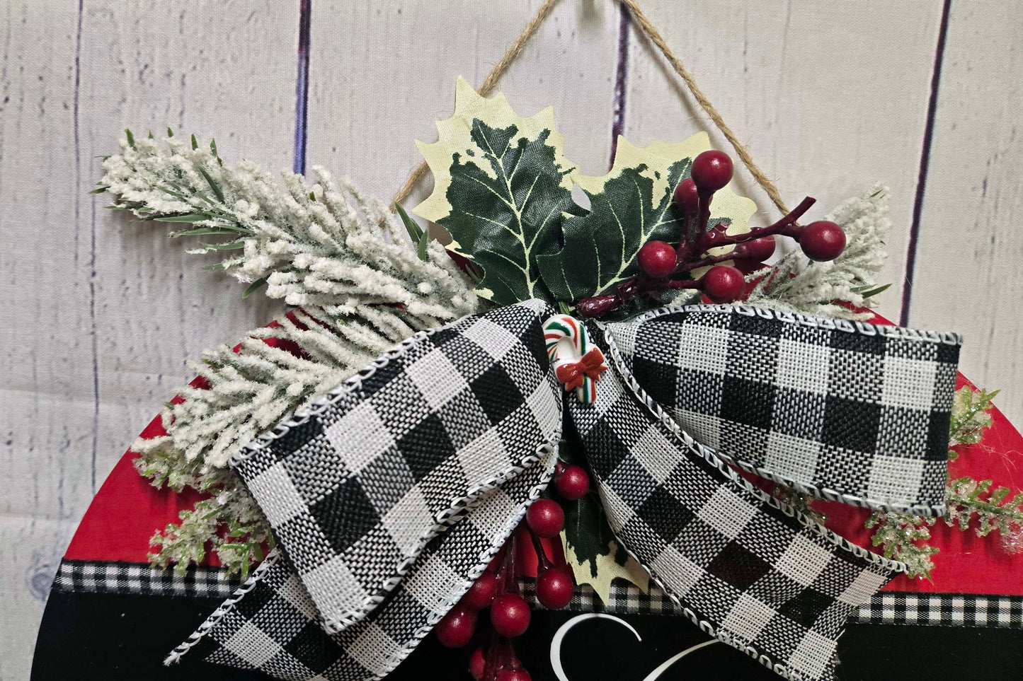 Merry Christmas Buffalo Check, Red Truck, Thin Wood Door Hanger, Wreath, Holiday Wall Decor