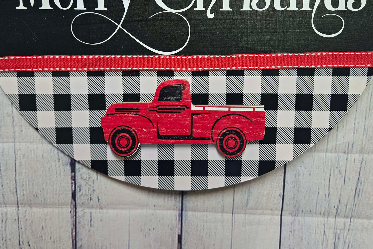 Merry Christmas Buffalo Check, Red Truck, Thin Wood Door Hanger, Wreath, Holiday Wall Decor
