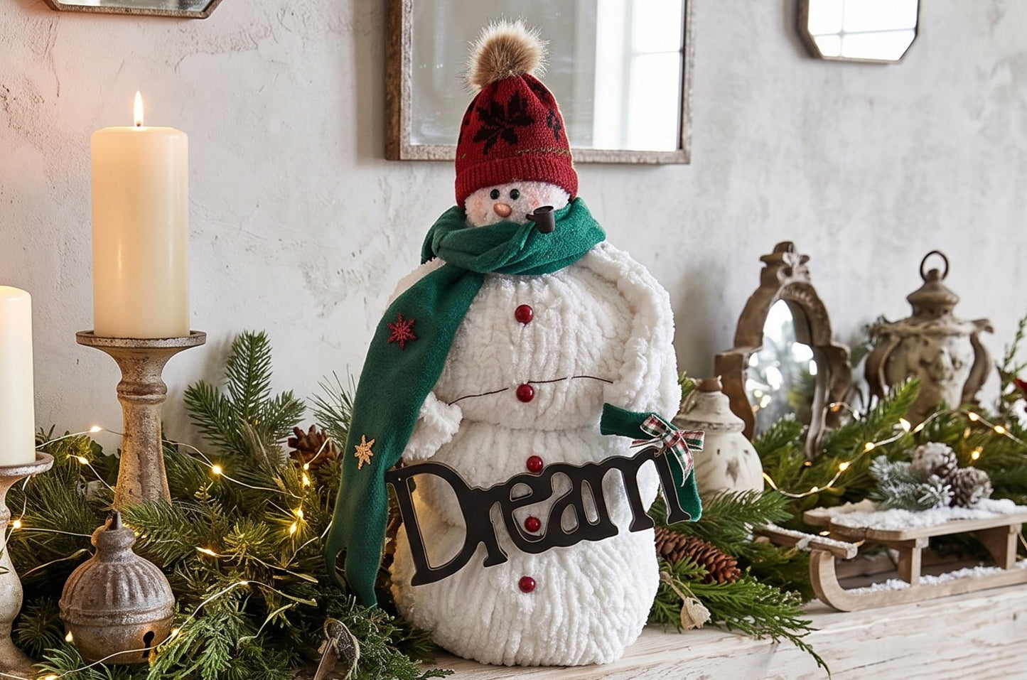 Handmade Plush Snowman Decor | Vintage Style Christmas Figurine | Dream Winter Table Centerpiece | Boho Farmhouse Holiday Mantel Decor | Cute Quirky Fabric Snowman