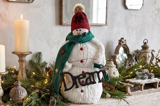 Handmade Plush Snowman Decor | Vintage Style Christmas Figurine | Dream Winter Table Centerpiece | Boho Farmhouse Holiday Mantel Decor | Cute Quirky Fabric Snowman