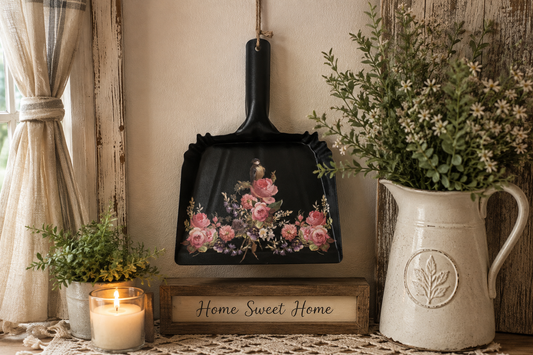 Upcycled Dust Pan Wall Decor, One of a Kind Floral Farmhouse Decor, Vintage Style Metal Wall Art, Bird and Flower Housewarming Gift