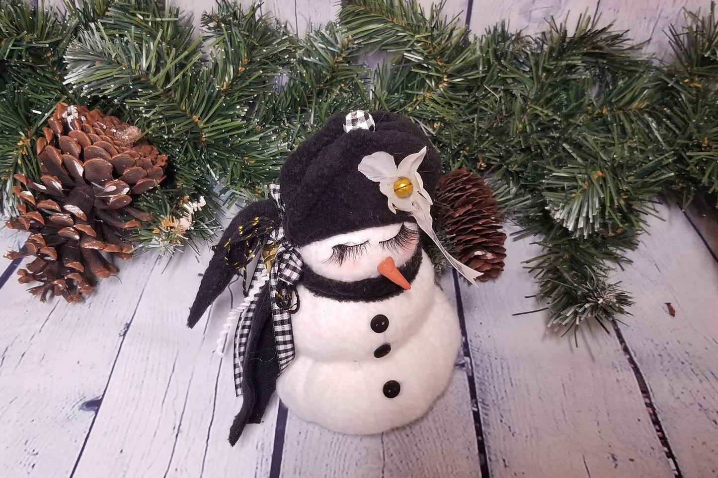 Handmade Snowman with Eyelashes, Black Hat and Checked Scarf Winter Decor