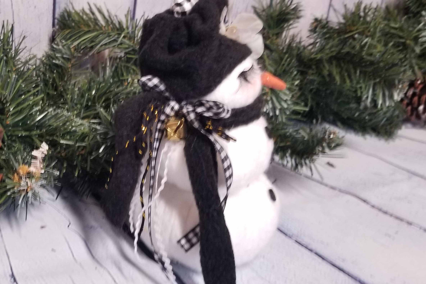 Handmade Snowman with Eyelashes, Black Hat and Checked Scarf Winter Decor