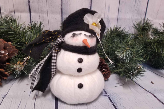 Handmade Snowman with Eyelashes, Black Hat and Checked Scarf Winter Decor