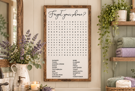 Funny Bathroom Word Search Sign | 12x18 Painted Wood Sign | Farmhouse Bathroom Wall Decor | Forget Your Phone Sign | Rustic Bathroom Humor