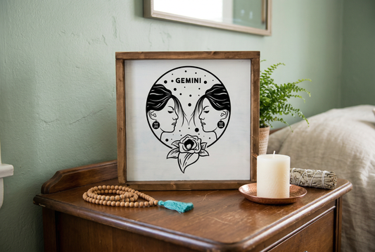 Gemini Zodiac Wood Sign, 8x8 Hand Painted Twins Wall Art, Air Sign Astrology Decor, June Birthday Gift, Minimalist Celestial Star Plaque