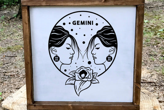 Gemini Zodiac Wood Sign, 8x8 Hand Painted Twins Wall Art, Air Sign Astrology Decor, June Birthday Gift, Minimalist Celestial Star Plaque