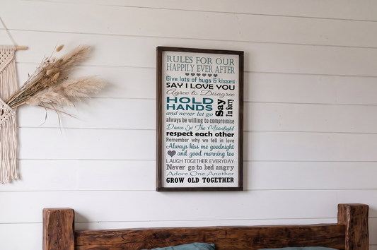 Rules For Our Happily Ever After Wood Sign | Personalized Wedding Gift | Custom Anniversary Gift For Couple | Master Bedroom Wall Decor