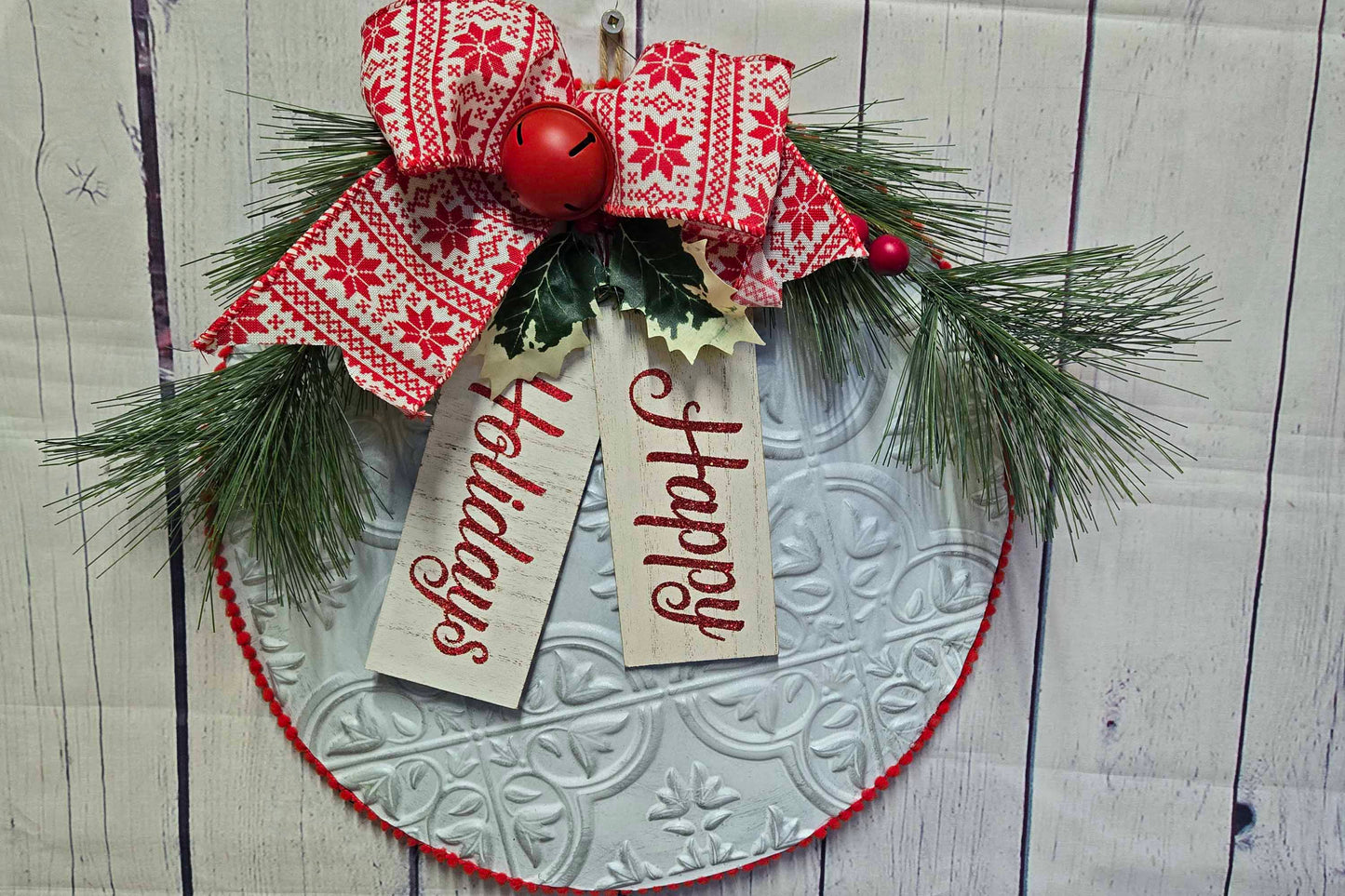 Happy Holidays 12" Faux Tin Door Hanger, Farmhouse Christmas Wreath, Metal Door Sign, Front Door Decoration, Holiday Gift