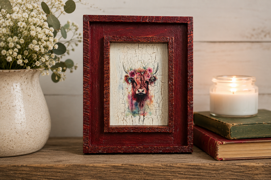 Highland Cow Wall Decor, Rustic Farmhouse Cow Art, Decoupaged Canvas, Recycled Wood Frame, Cottage Country Wall Decor