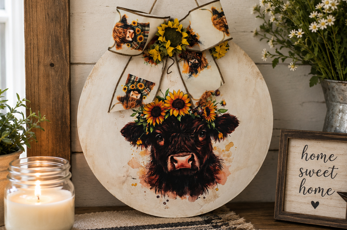 Highland Cow Door Hanger, 12 Inch Farmhouse Wall Decor, Sunflower Cow Wreath, Rustic Country Door Decor, Highland Cow Gift