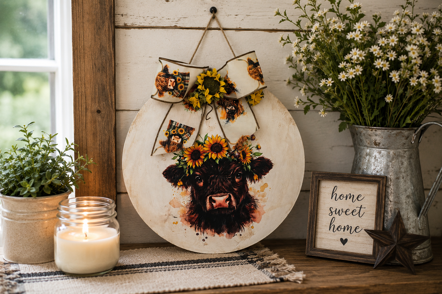 Highland Cow Door Hanger, 12 Inch Farmhouse Wall Decor, Sunflower Cow Wreath, Rustic Country Door Decor, Highland Cow Gift